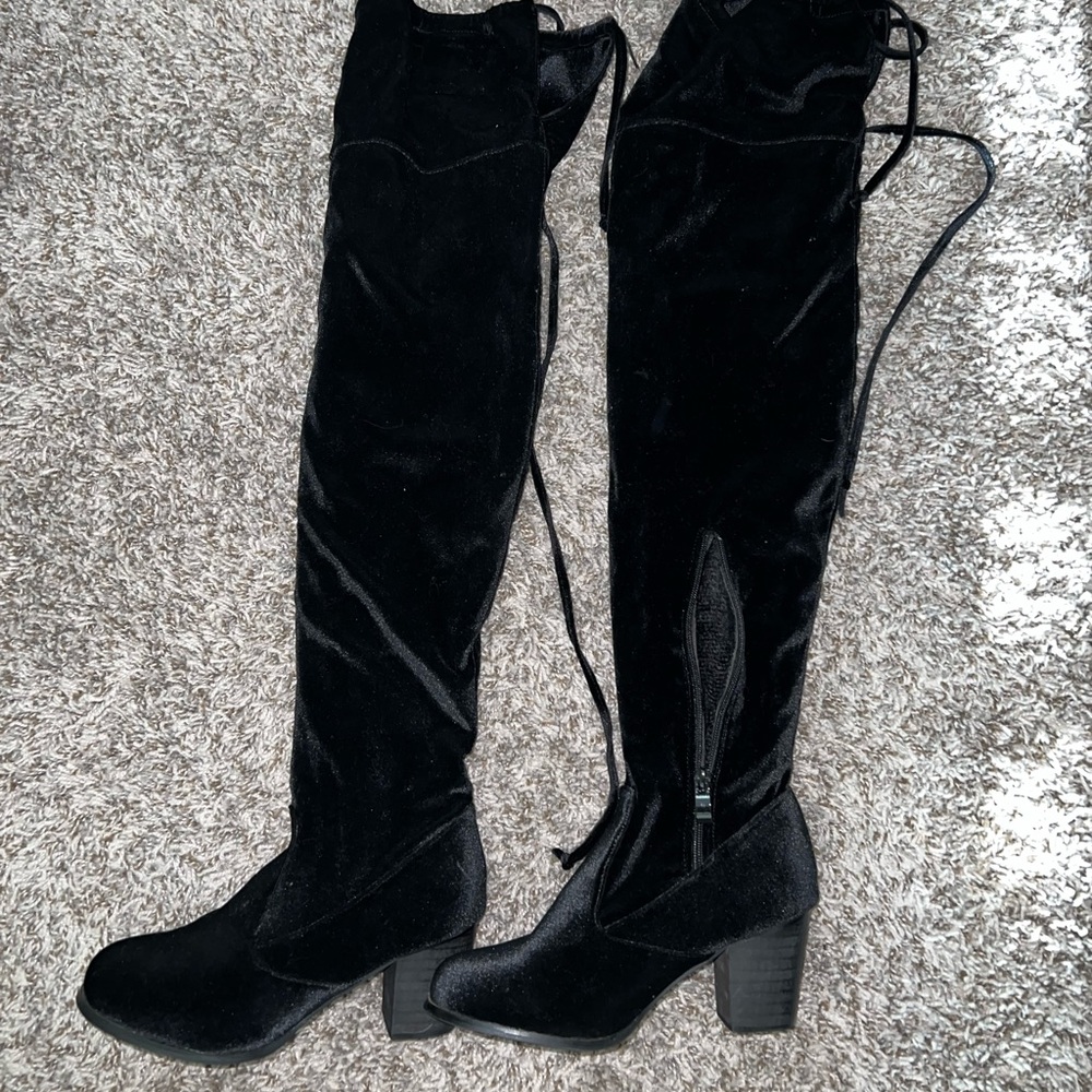 Black lace up knee high boots